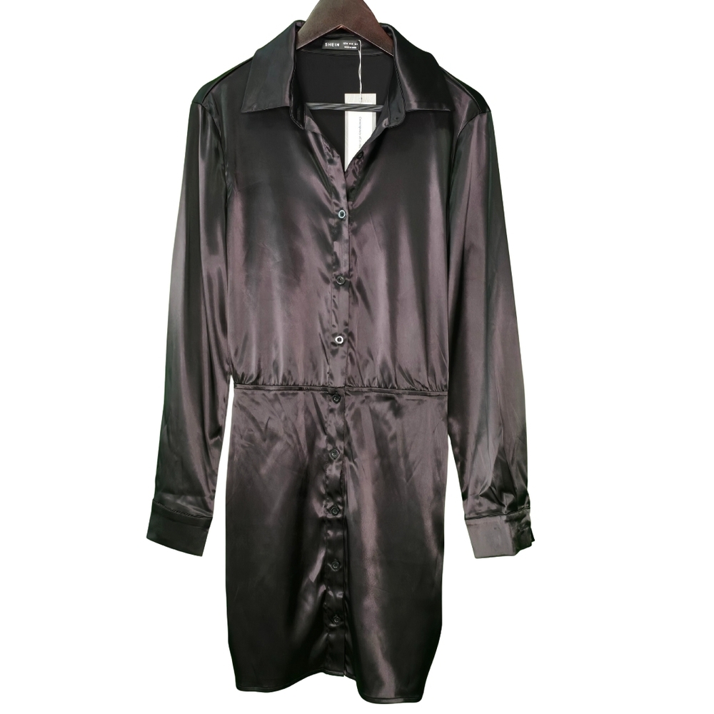 NWT SHEIN Black Satin Button-Down Mini Dress – Long Sleeve Collared, Medium